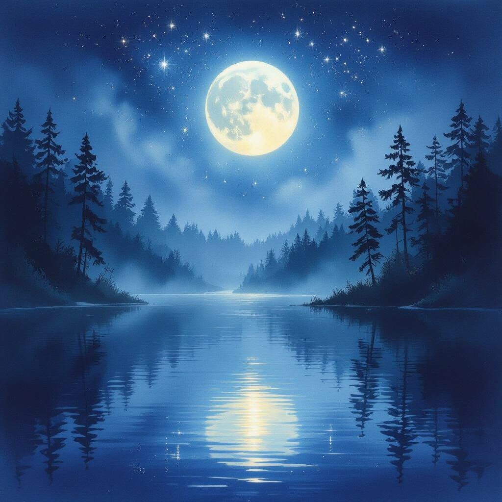 A serene moonlit lake within a mystical forest, where the wa...