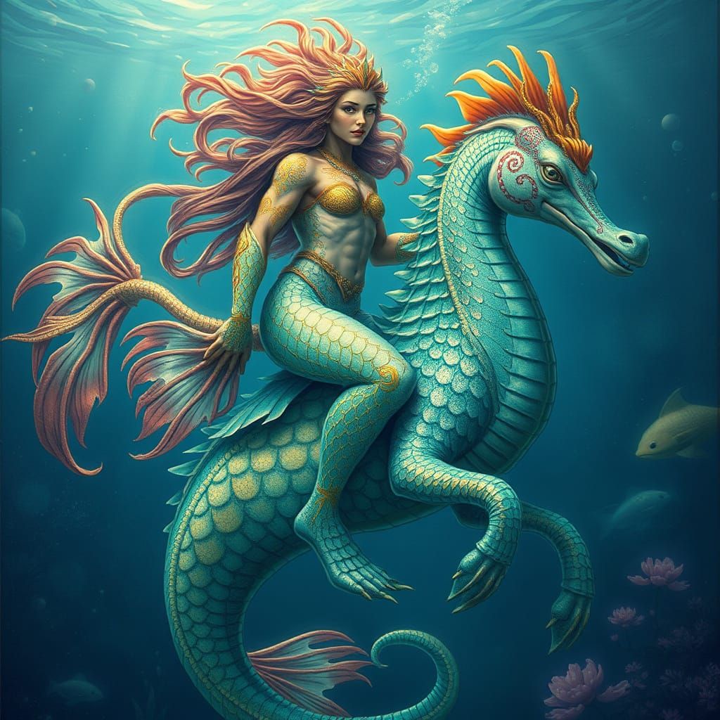 Merman on Seahorse in Dreamy Fantasy Realm