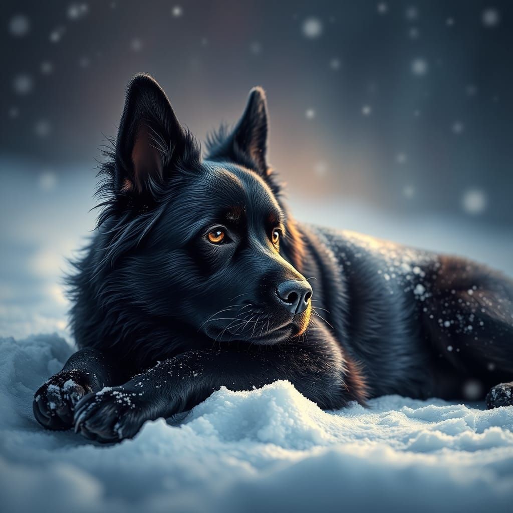 Adorable Black Dog in Snow, Hyperrealistic Art