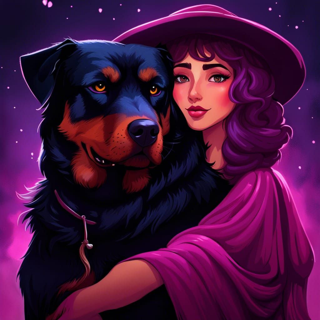 Pink-Haired Witch Hugs Rottweiler in Cottagecore Style
