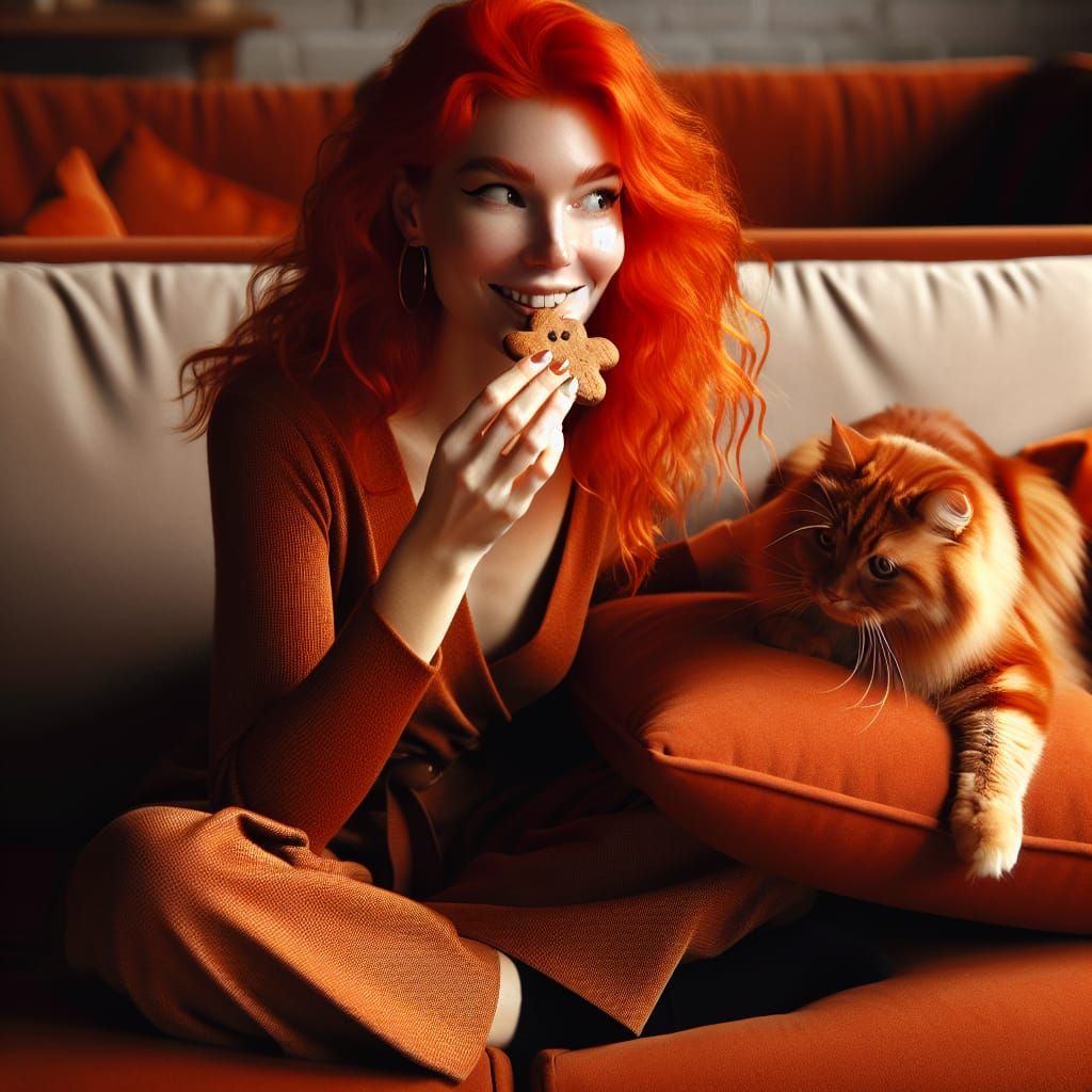 Warm Autumnal Scene with Ginger-Haired Woman and Her Amber F...