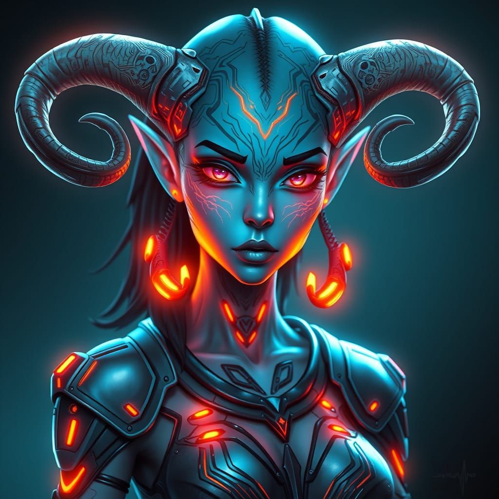 Cyberpunk Alien Goddess in Iridescent Armor