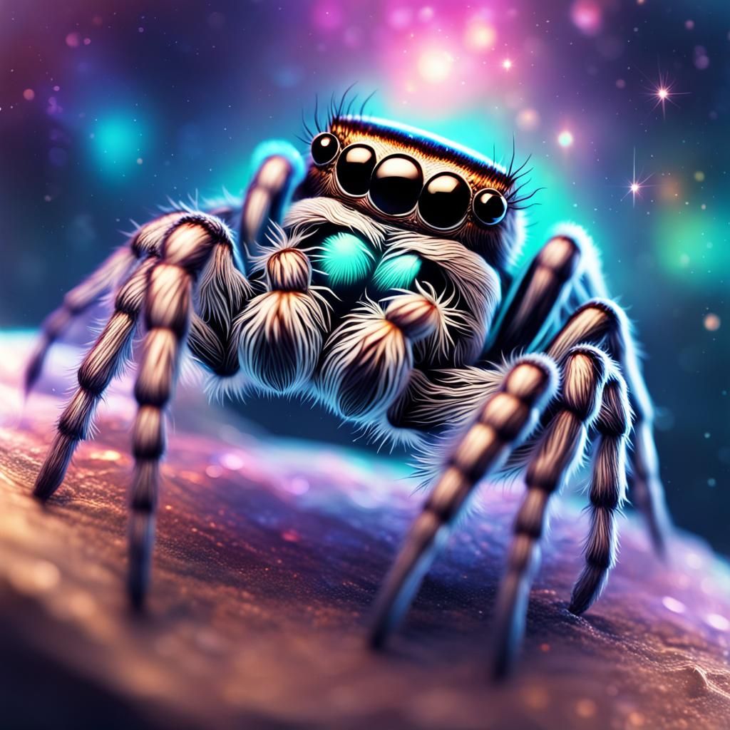 Cute Jumping Spider: Cosmic Holographic Illustration