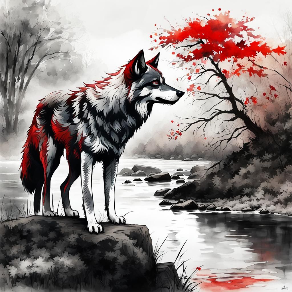 Fantasy Wolf with Red Eyes in Watercolor Art