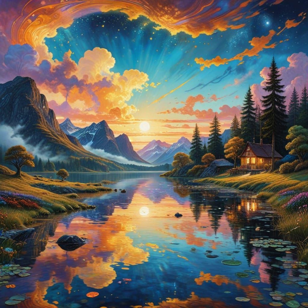 Moonlit Lake Dreamscape: Klimt and Moebius Inspired Art