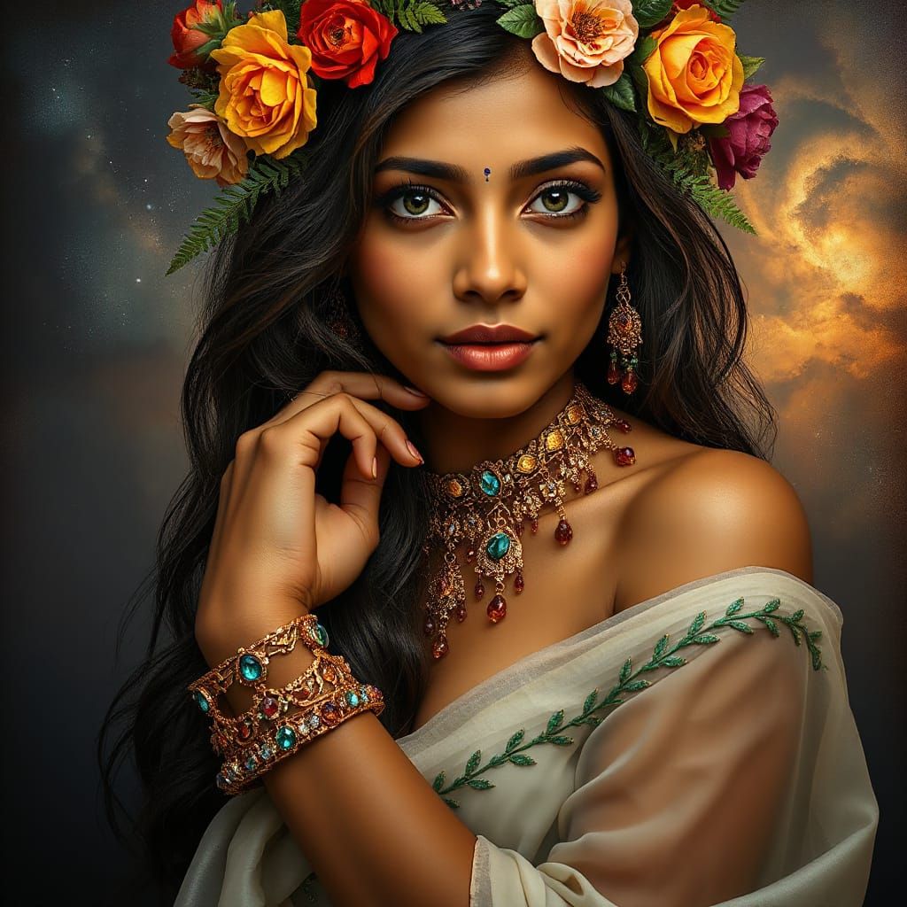 Tamil Woman Portrait with Autumnal Flower Crown
