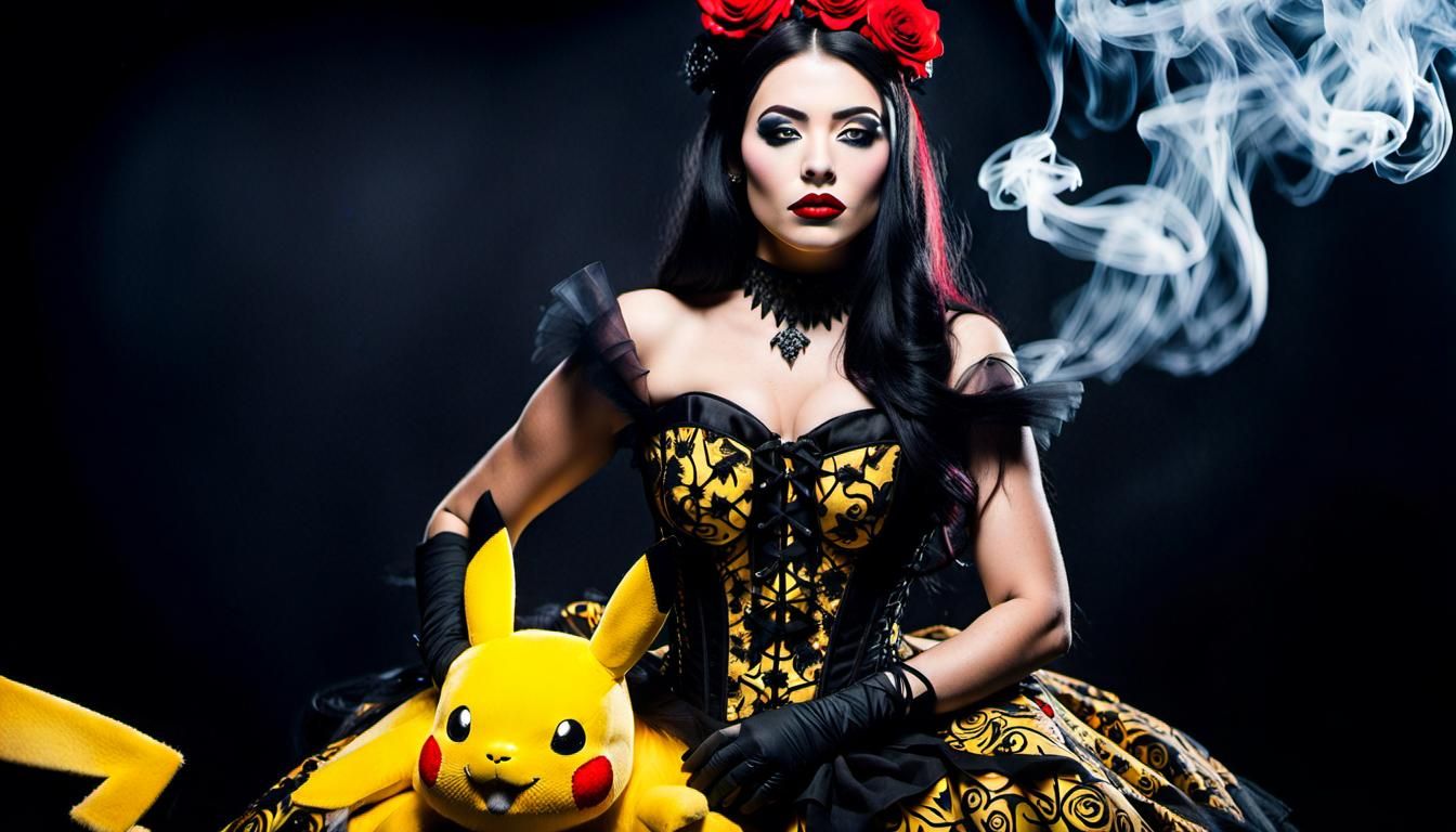 Gothic Girl Rides Pikachu Wolf in Studio Portrait