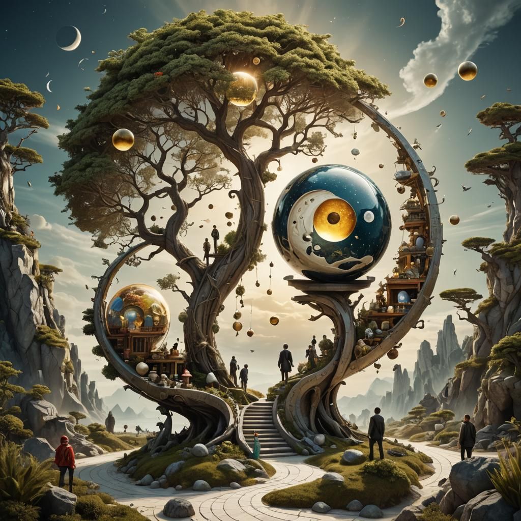 Surreal Bonsai Village in Mosaic Yin Yang Hourglass