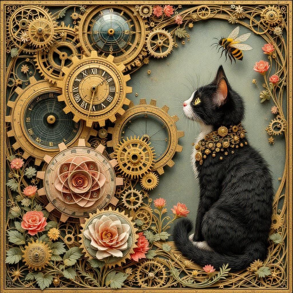 Victorian Mechanical Cat Watching Bee Ornament