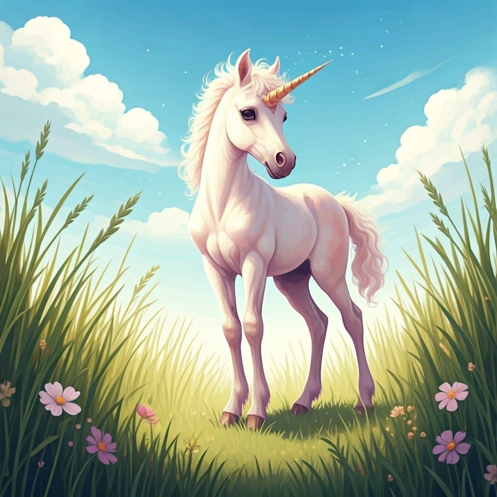 Whimsical Unicorn Foal in Dreamy Watercolor Style