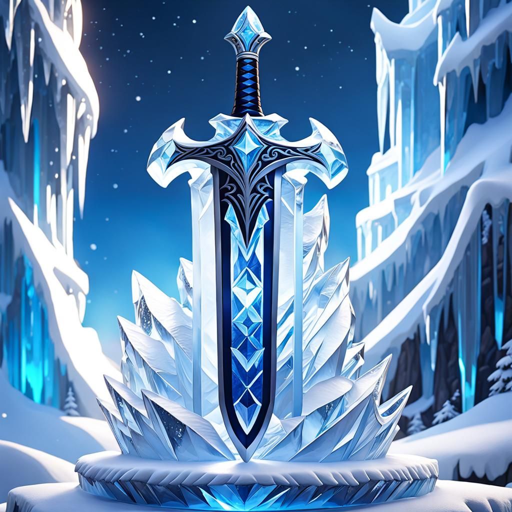 Elegant Ice Sword Sculpture at Midnight