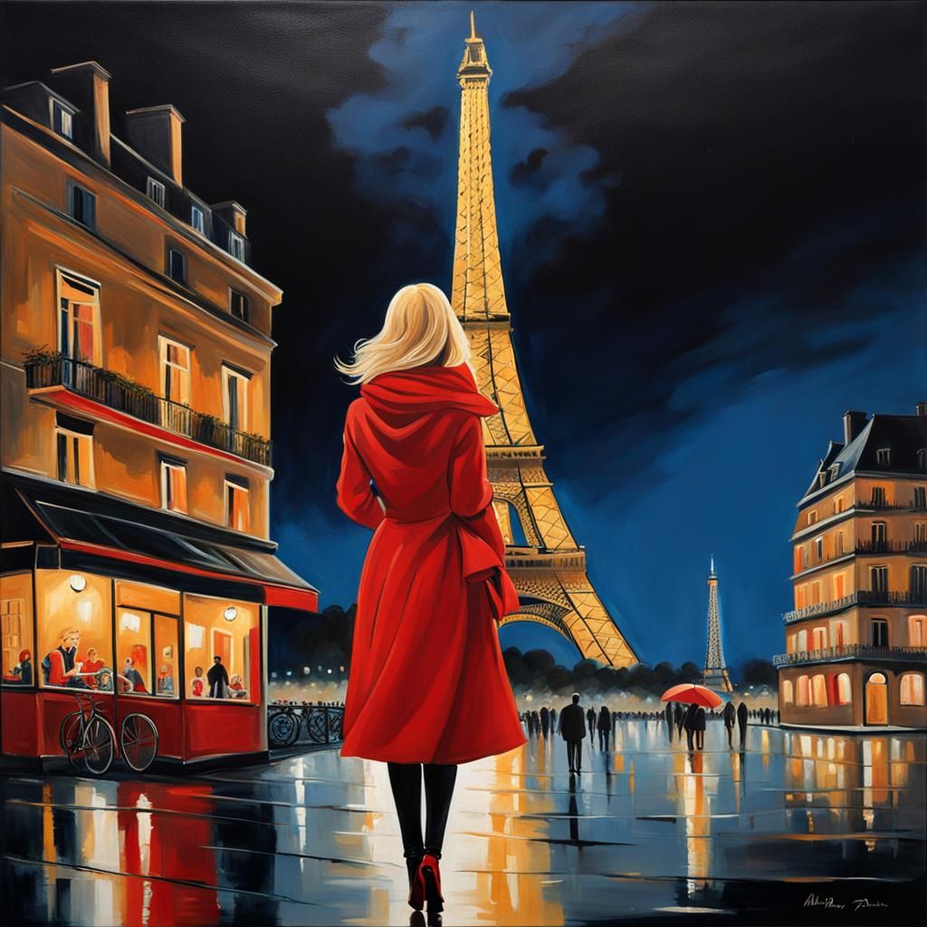 Woman with Red Scarf Gazing at Eiffel Tower