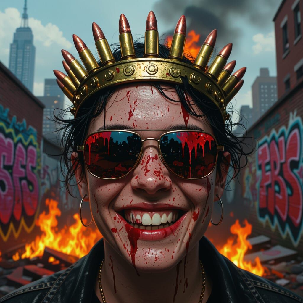 Dystopian Portrait with Bullet Crown and Burning Cityscape