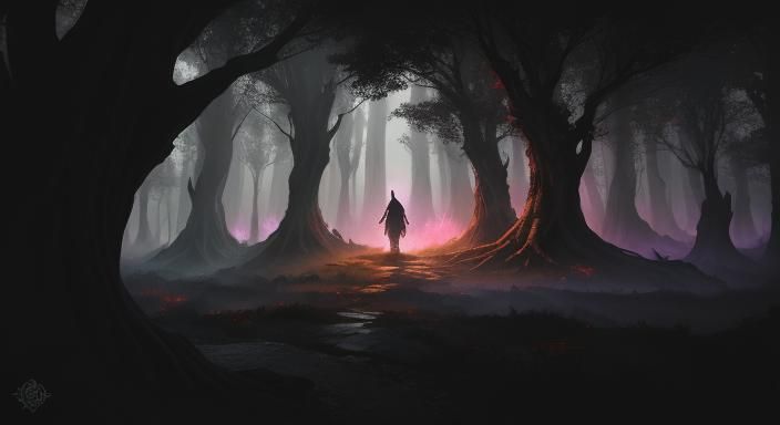Mysterious Hooded Figure in Dark Fantasy Forest