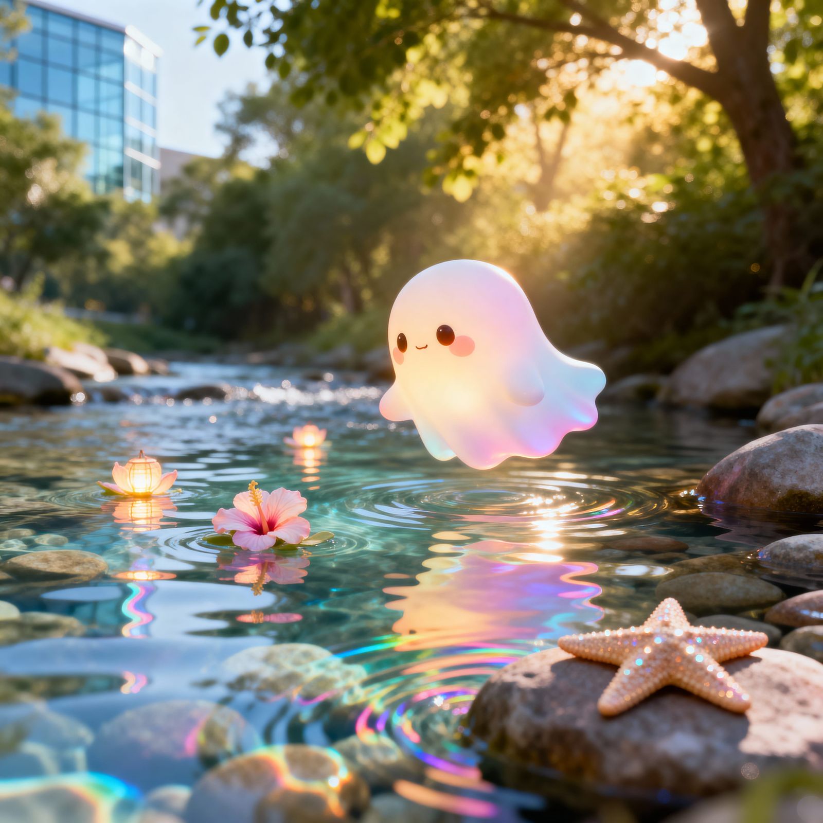 Whimsical 3D Ghost Over Crystal Summer Stream