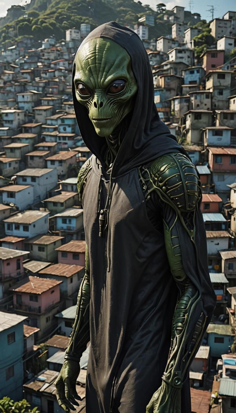 Hooded alien at favela
