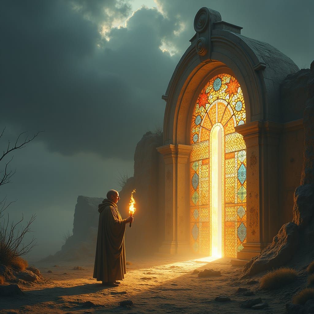 Figure with Torch Before Stained Glass Door