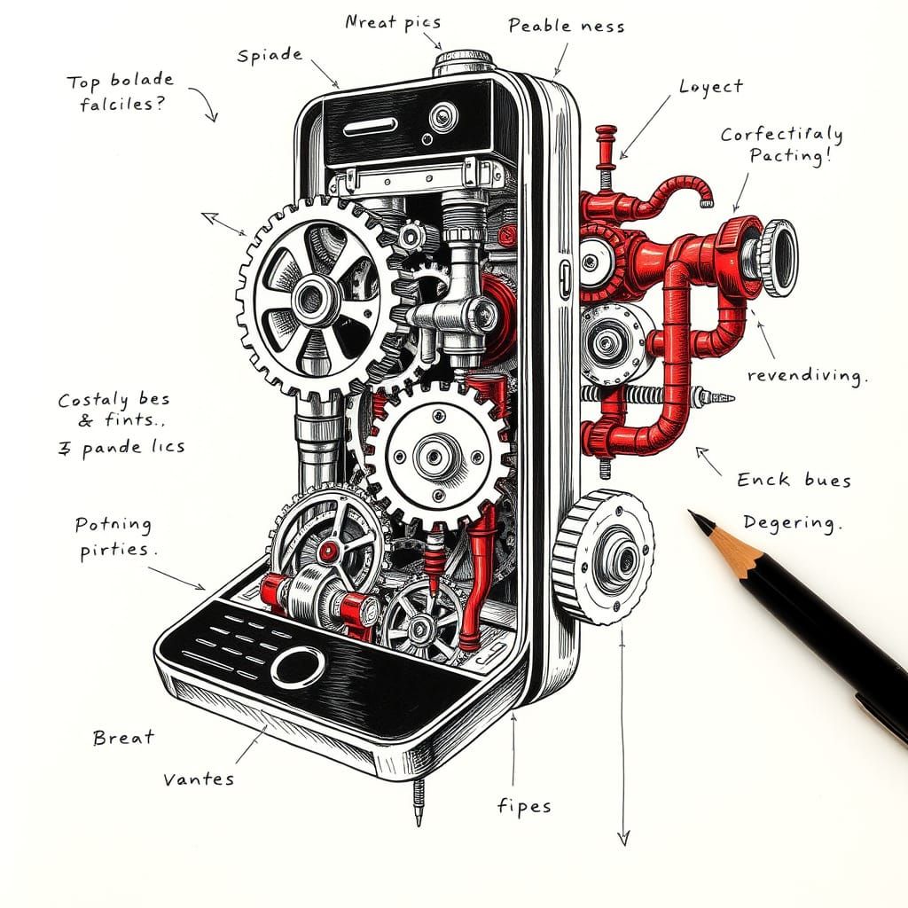 Steampunk Mobile Phone in Technical Illustration Style