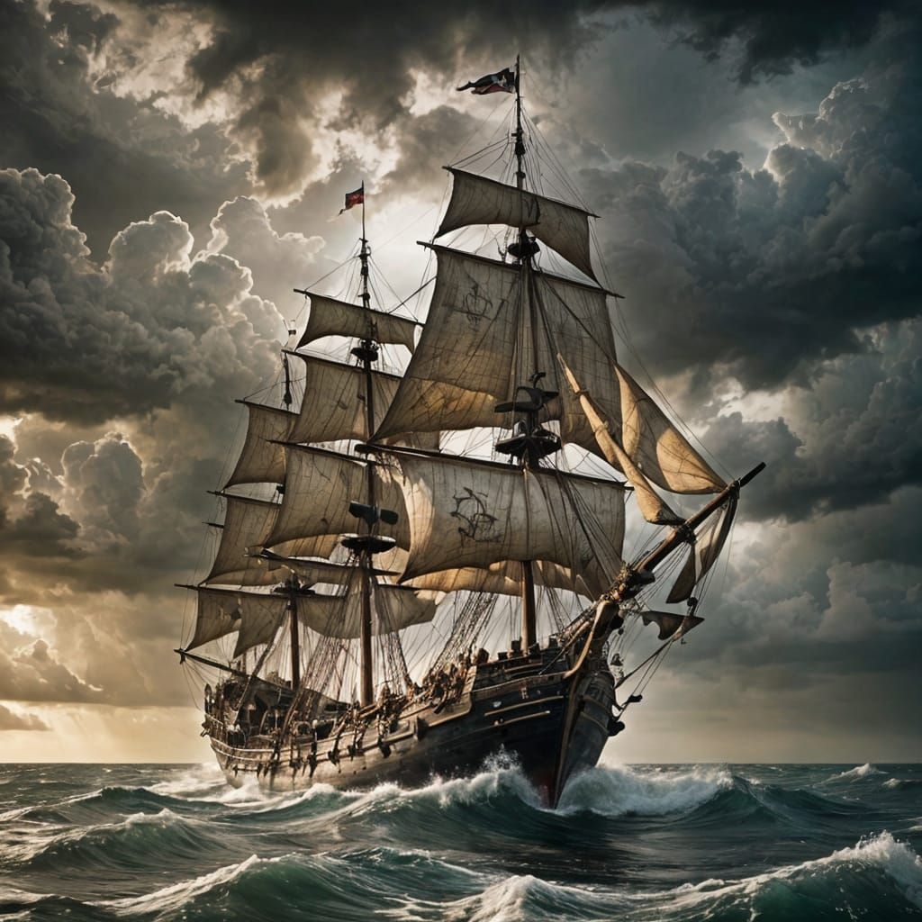 Pirate Ship Sailing on a Stormy Sea