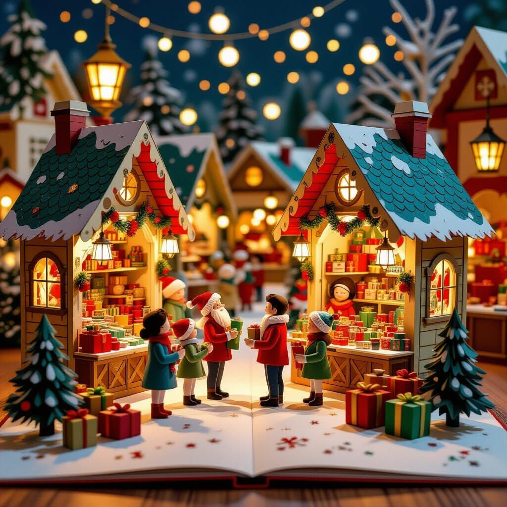 Open Pop-Up Book: Families Christmas Shopping Scene