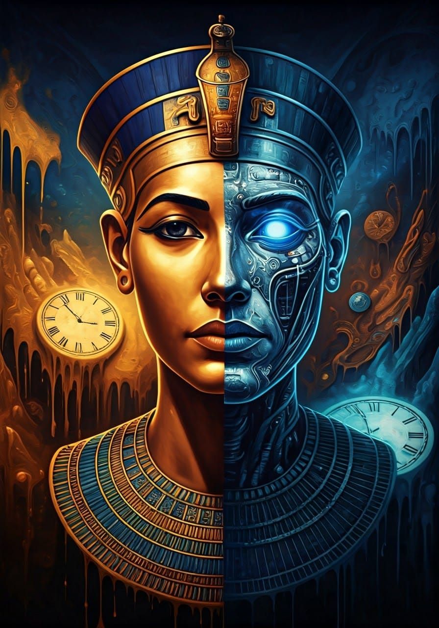 Egyptian Queen and Cybernetic Cyborg in Surreal Oil Painting