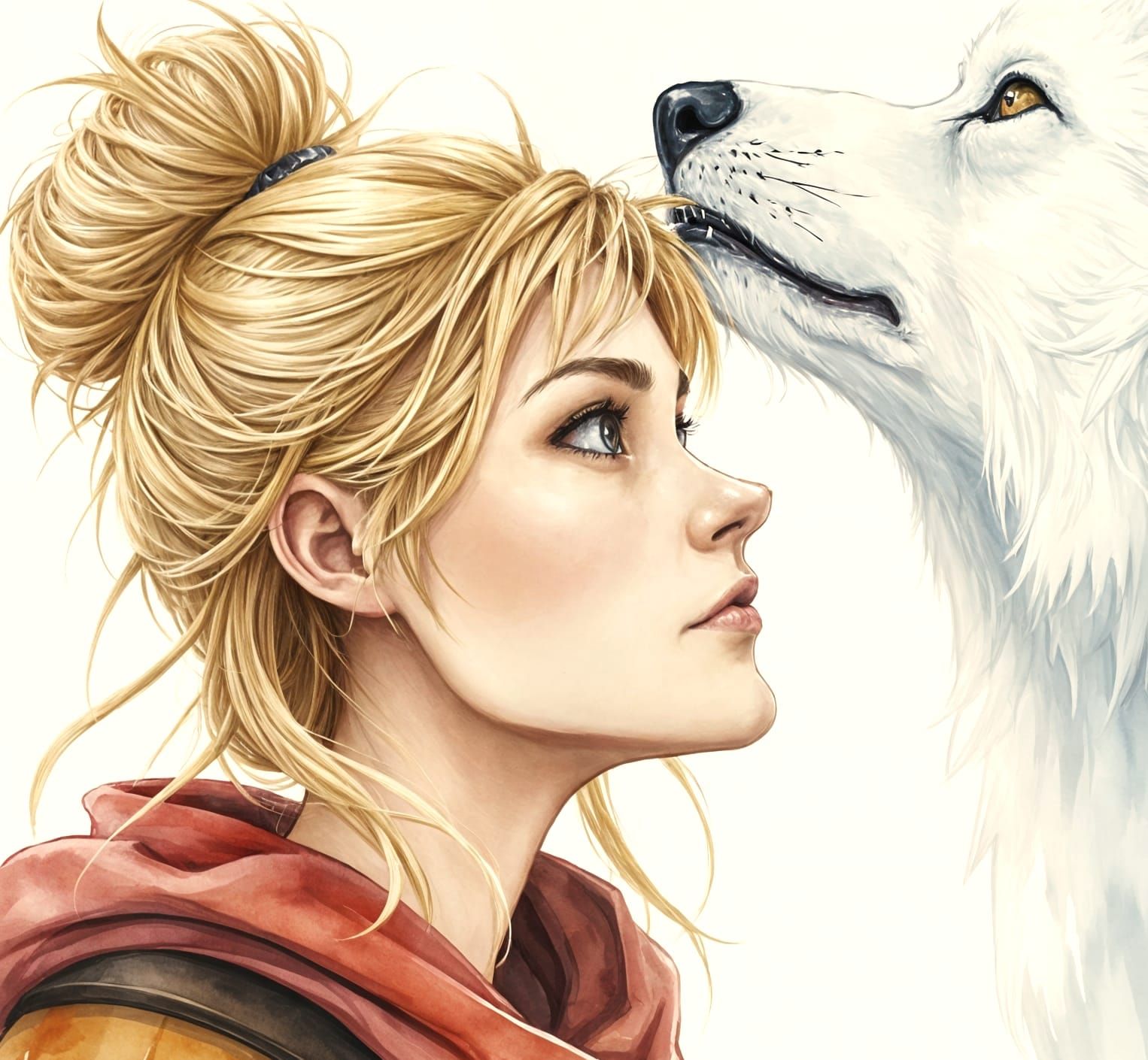 Ranger Girl and White Wolf Watercolor Illustration