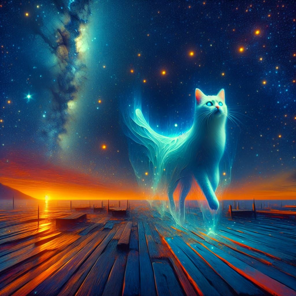 Cat's Spirit Ascending to Starry Sky in Hyperrealism