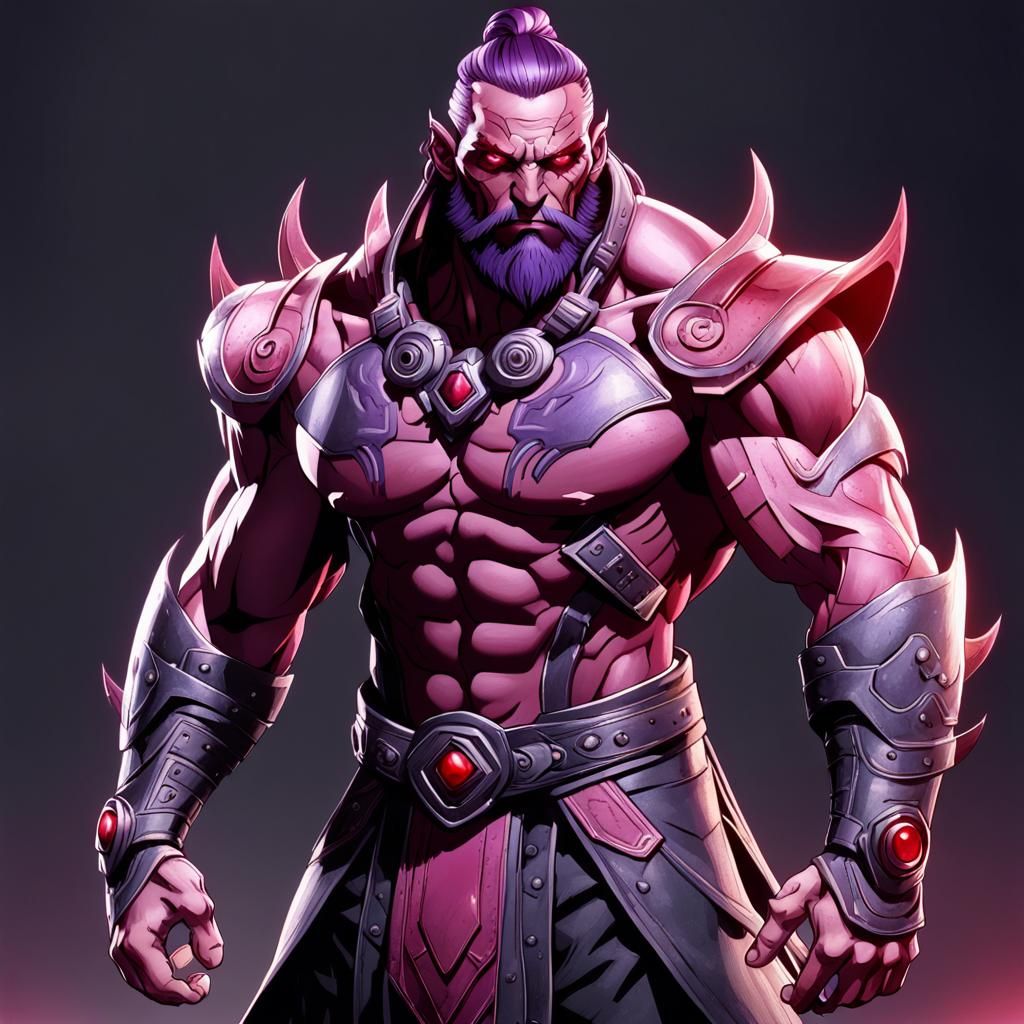 Muscular Pink Humanoid with Fiery Scimitar, in Pixar Style