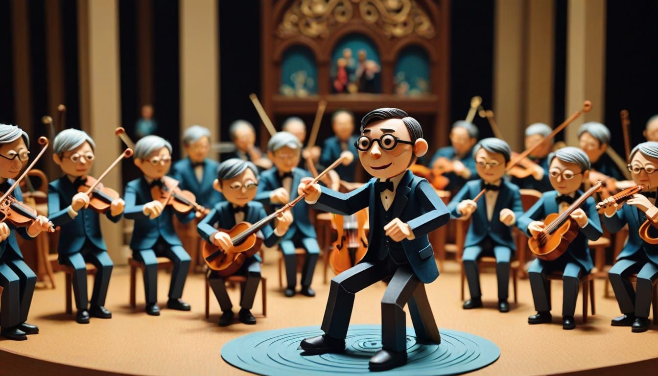 Vibrant Papercraft Conductor Conducts Whimsical Orchestra