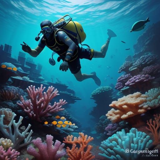 Pharaoh Scuba Dives Amidst Coral Reef Ruins