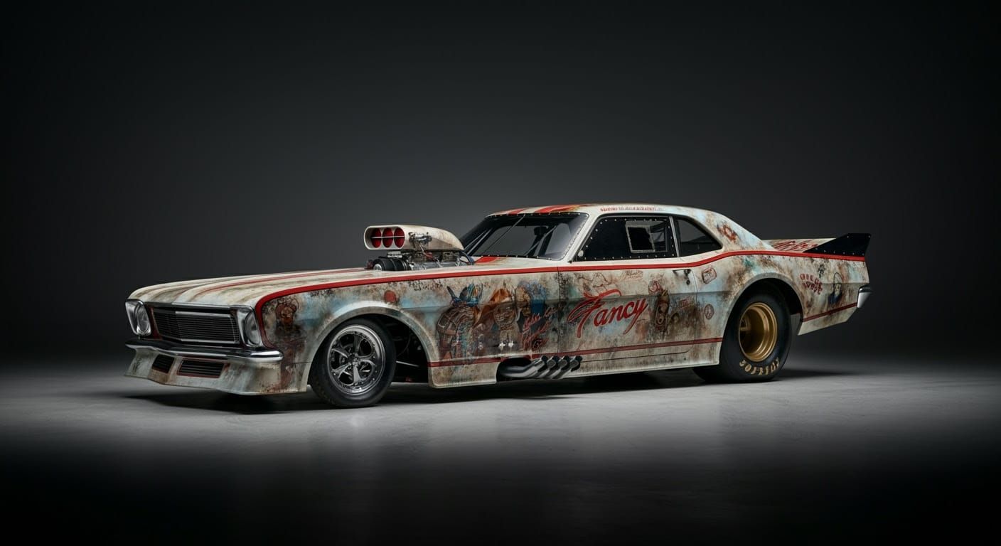 Retro-Futuristic American Muscle Funny Car in Cyberpunk Aest...