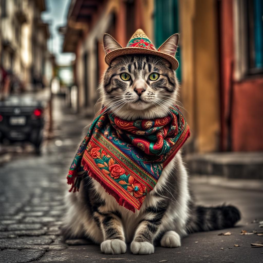 A cat wearing an embroidered Mexican hat and an embroidered ...