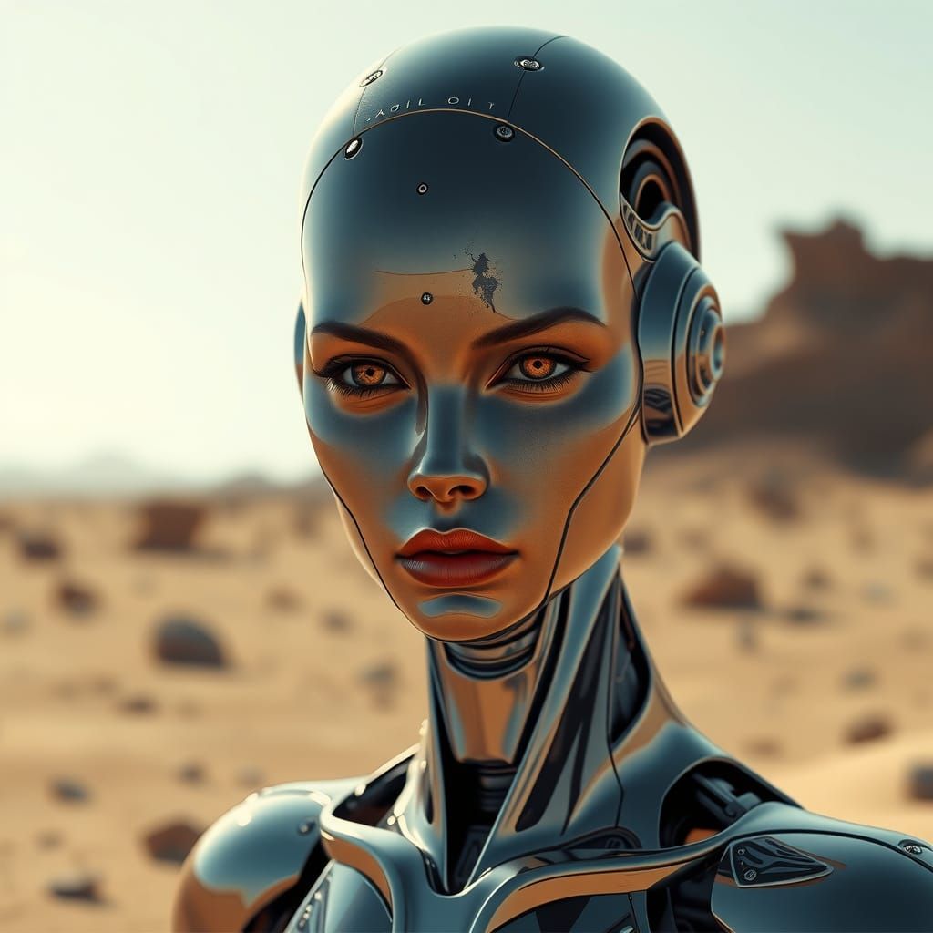 Futuristic Android Woman Embodies Synthetic Elegance in Dese...