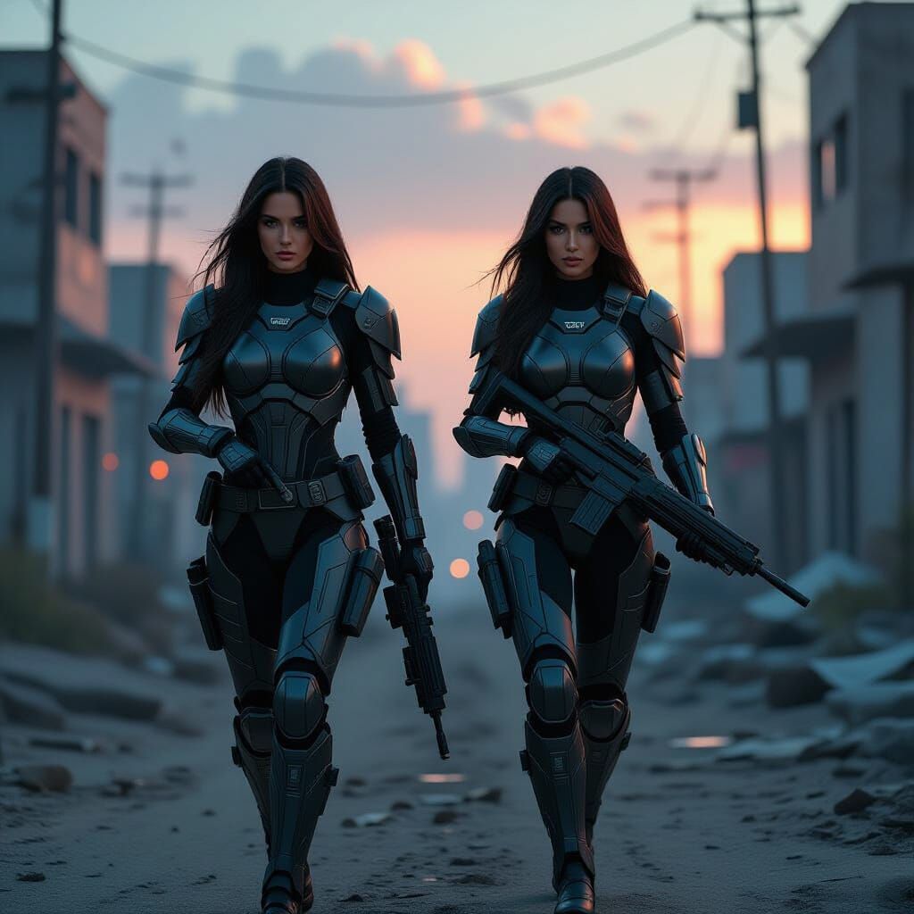 Futuristic Warrior Twins in Urban Wasteland