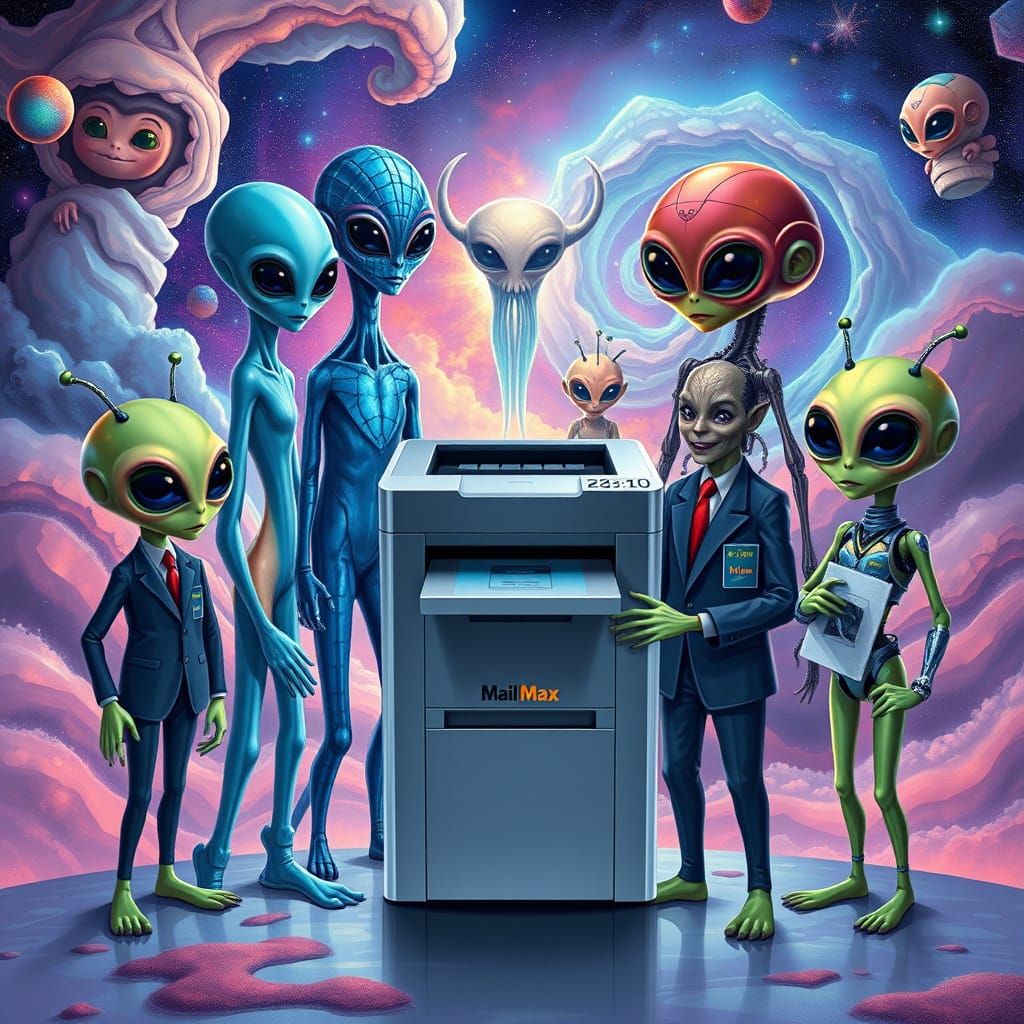 Aliens Present Futuristic Printer in Cosmic Gathering