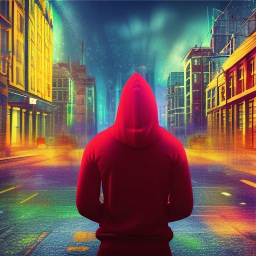 Hyperrealistic Hacker in City Street, Splash Art