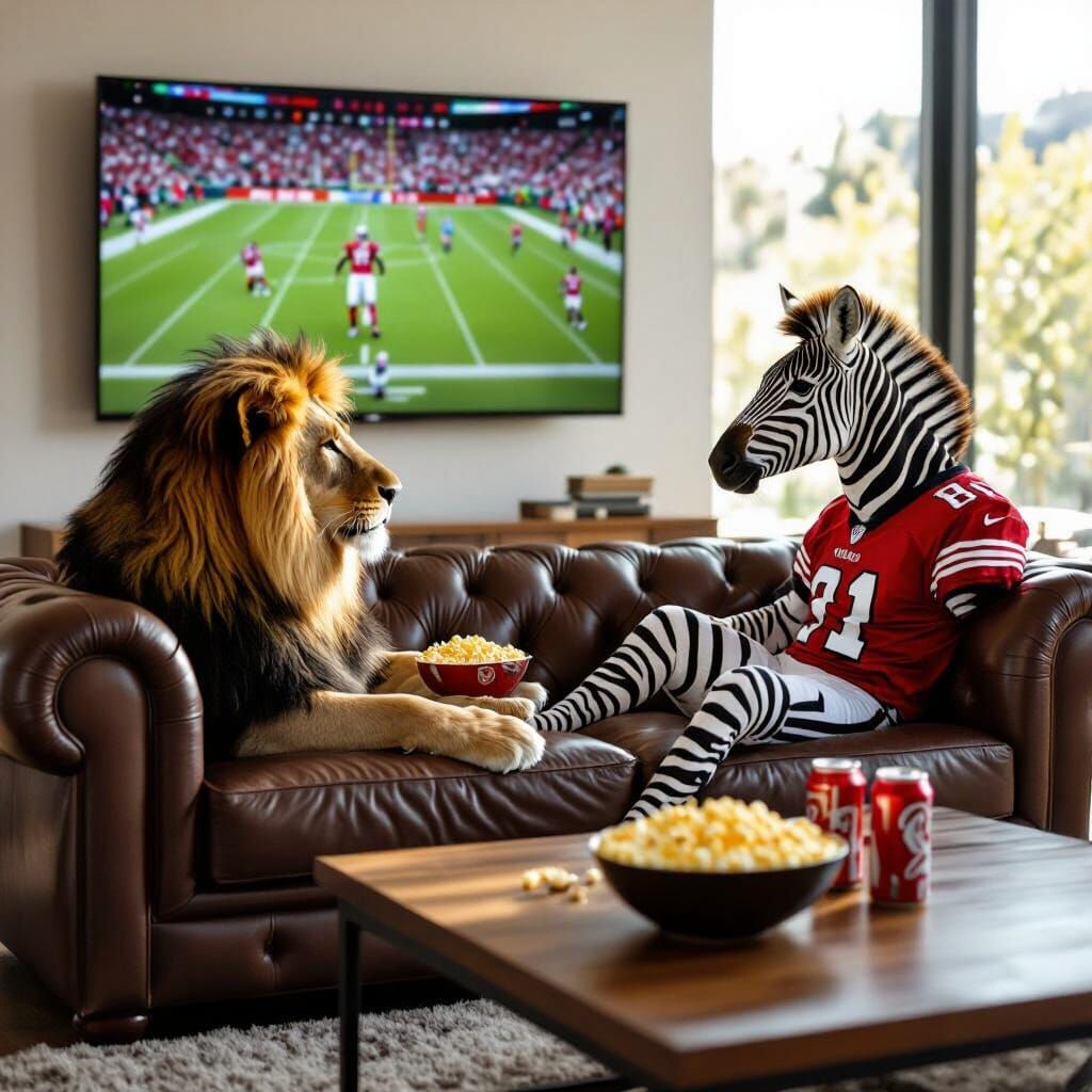 Lion and Zebra Watch Football in Modern Living Room