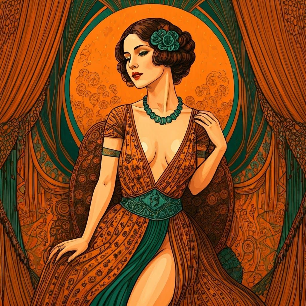 Art Deco Woman in Klimt-Inspired Digital Illustration