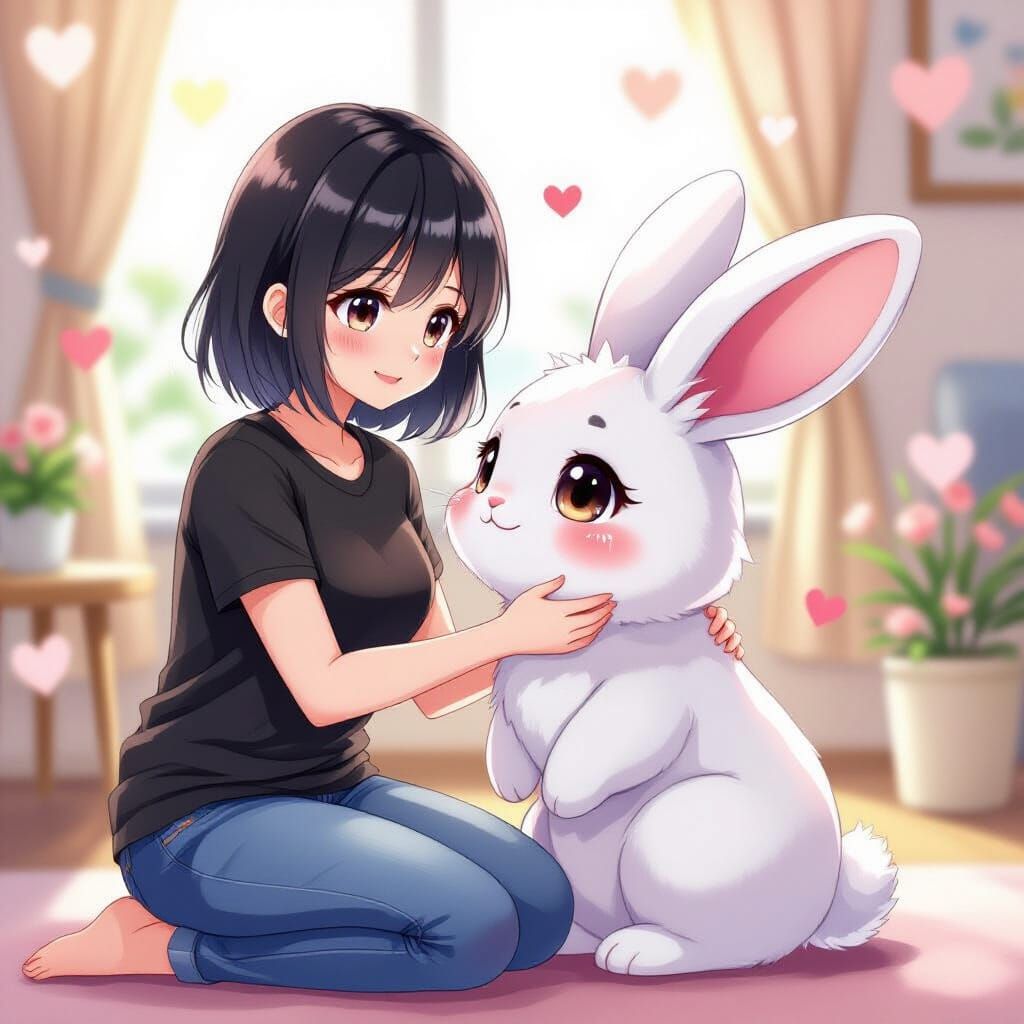 Adorable Anime Rabbit and Woman in Cozy Apartment