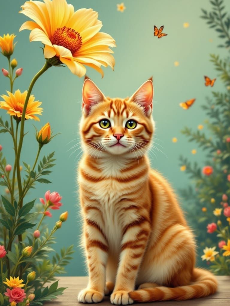 Adorable Cat Under Flower with Flickering Light