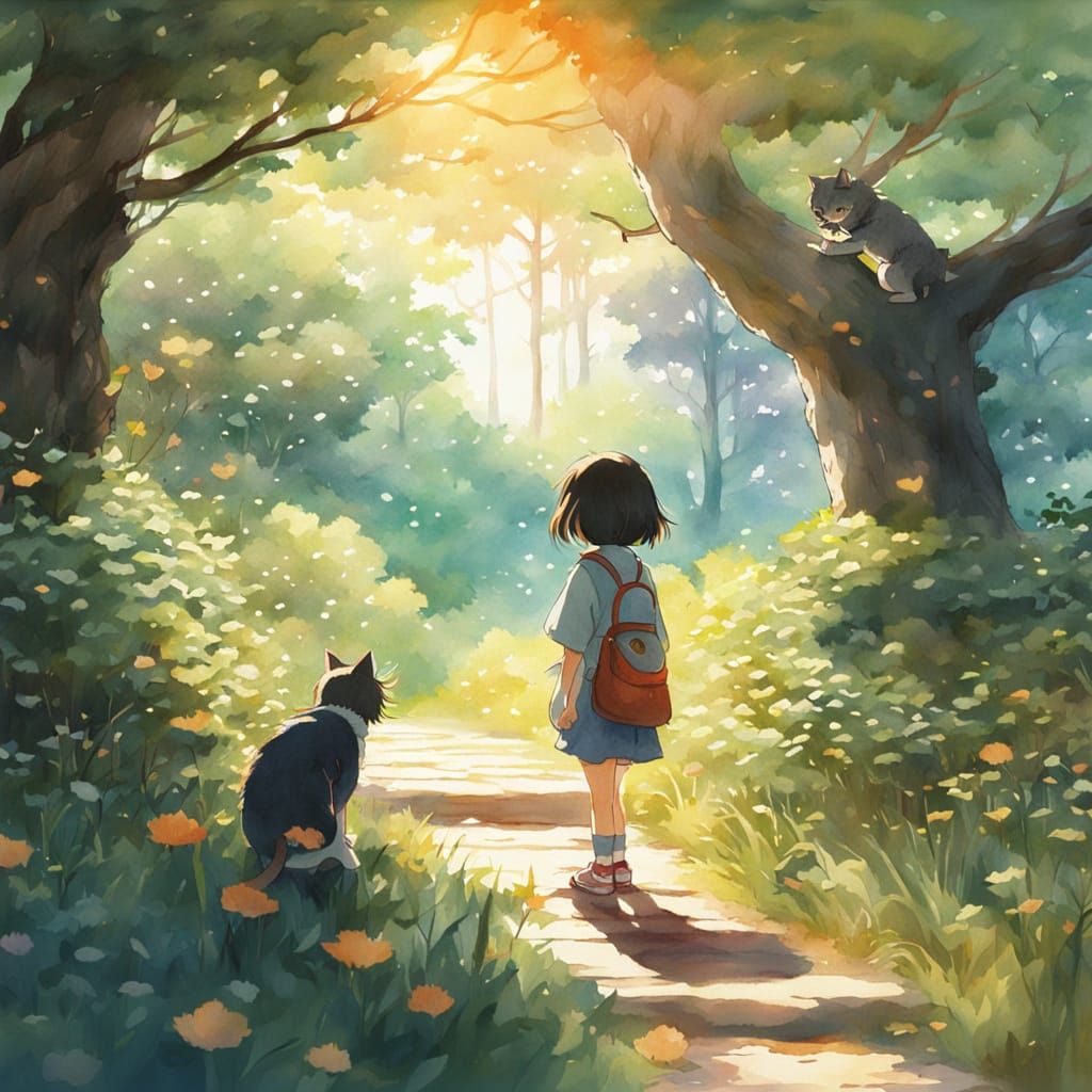 Cat and Girl Playing in Ghibli Style