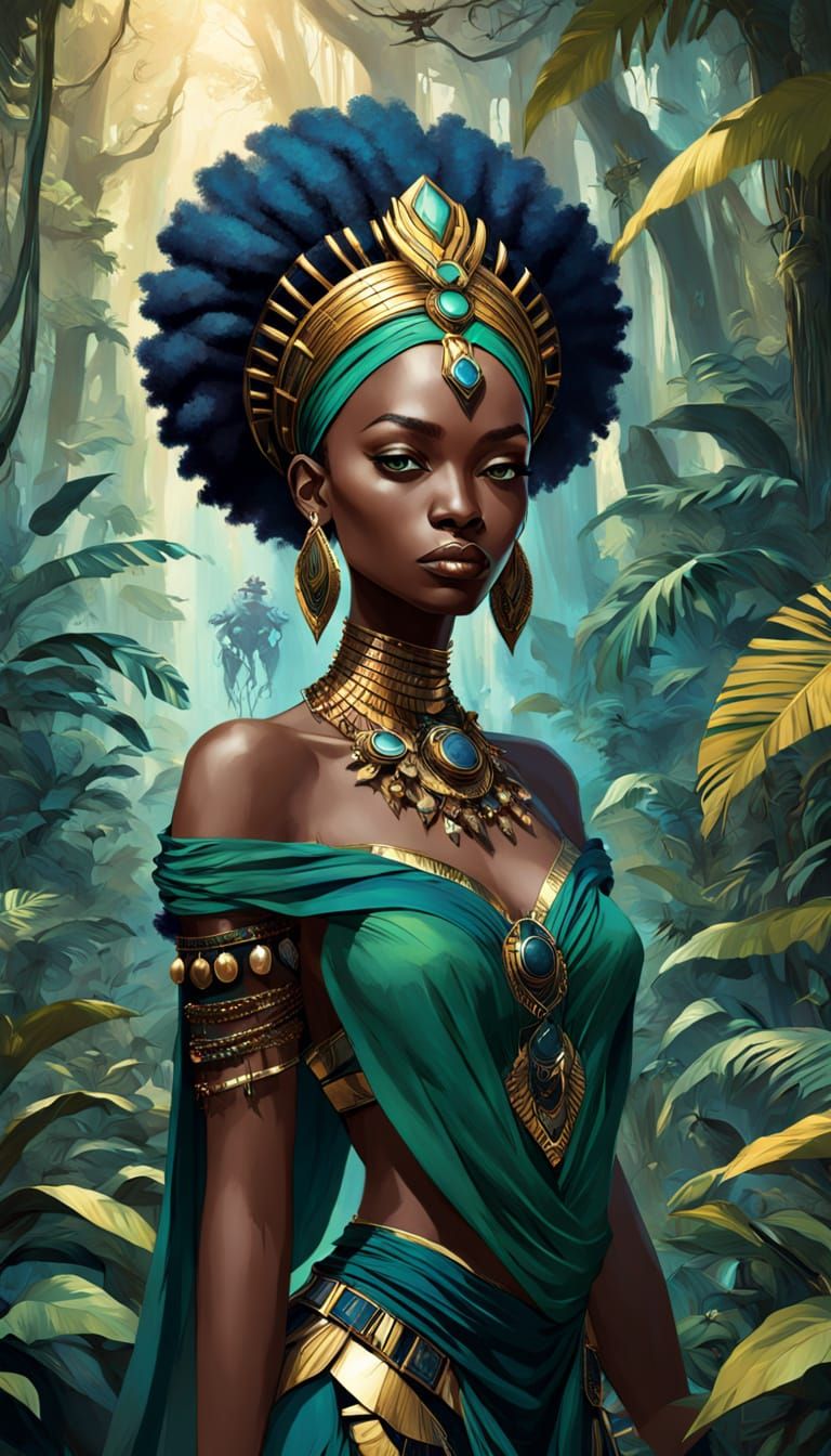 African Queen in Rainforest: Afrofuturist Art