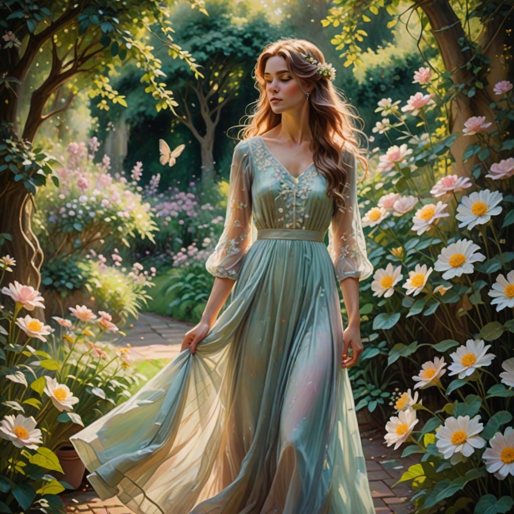 Woman in Secret Garden, Impressionistic Style Painting