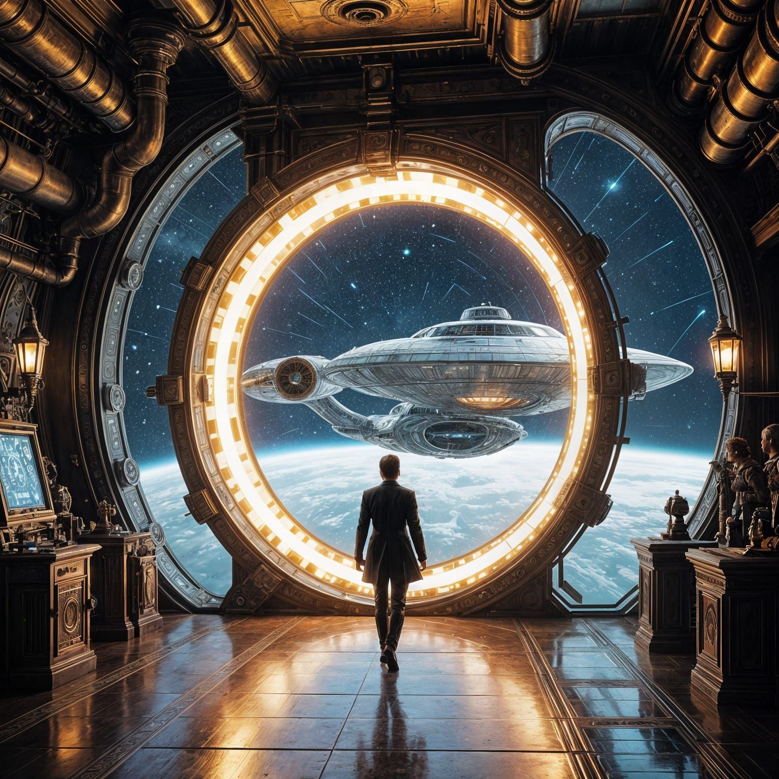 Steampunk Portal to Sci-Fi: A Cinematic Scene