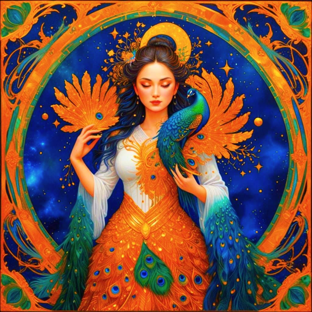 Ethereal Peacocks in Luxurious Gold Leaf Artwork with Starry...