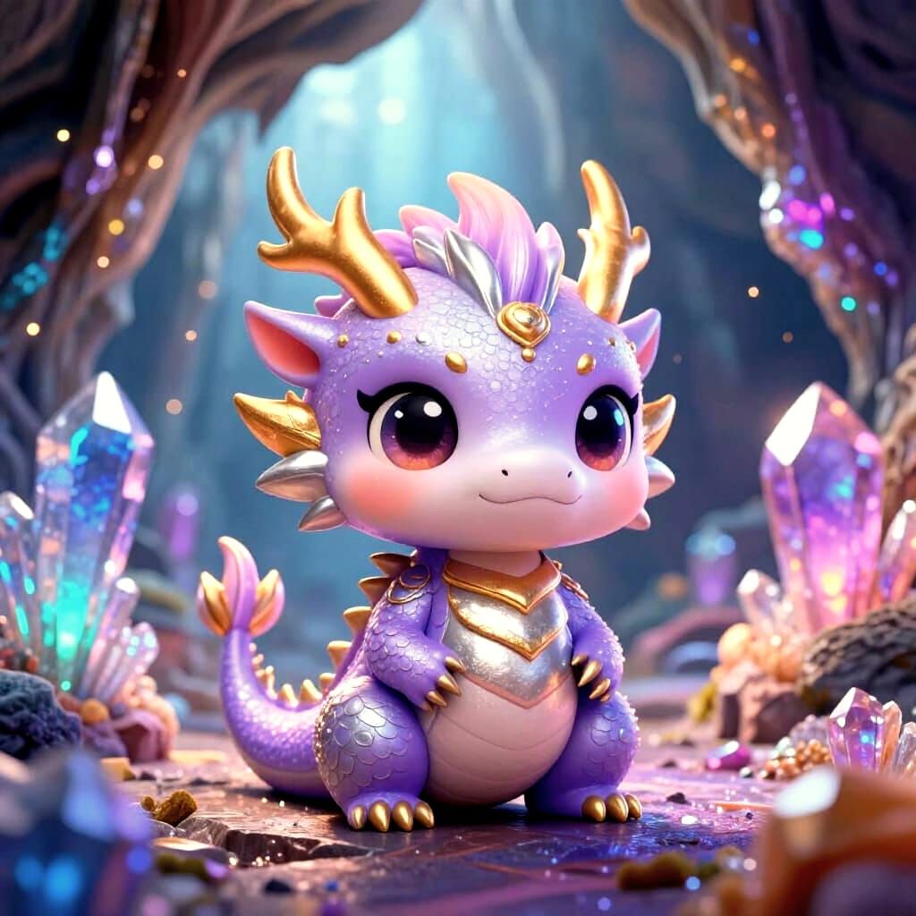 Kawaii Chibi Dragon in Gemstone Cave Grotto