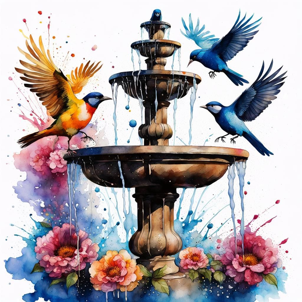 Hyperrealistic Water Fountain with Birds and Flowers