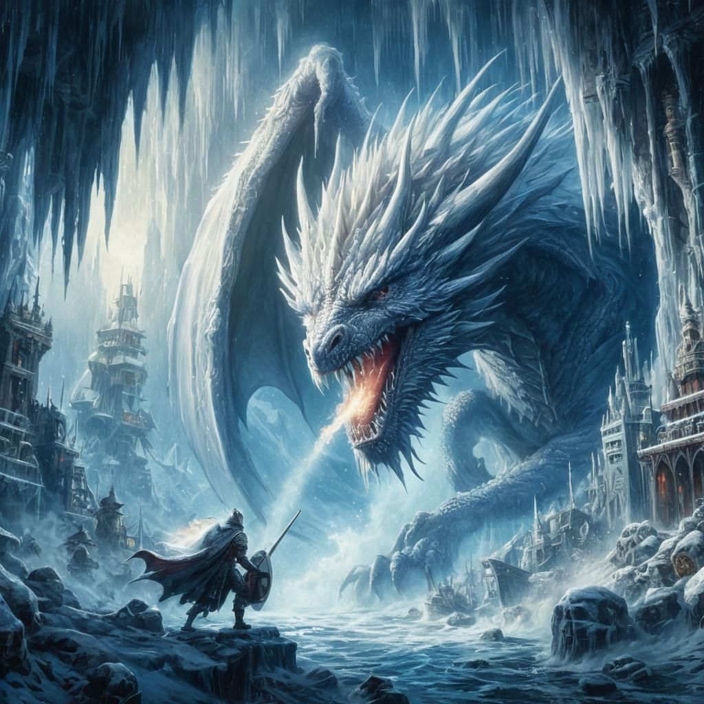 White Dragon's Icy Breath in Classic Fantasy Art