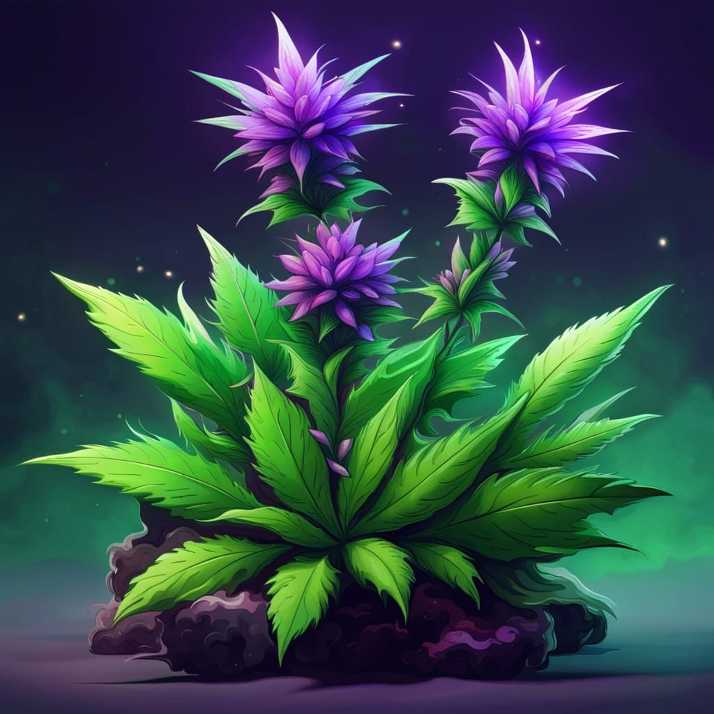 Fantasy Weed with Purple Blossoms: Video Game Icon