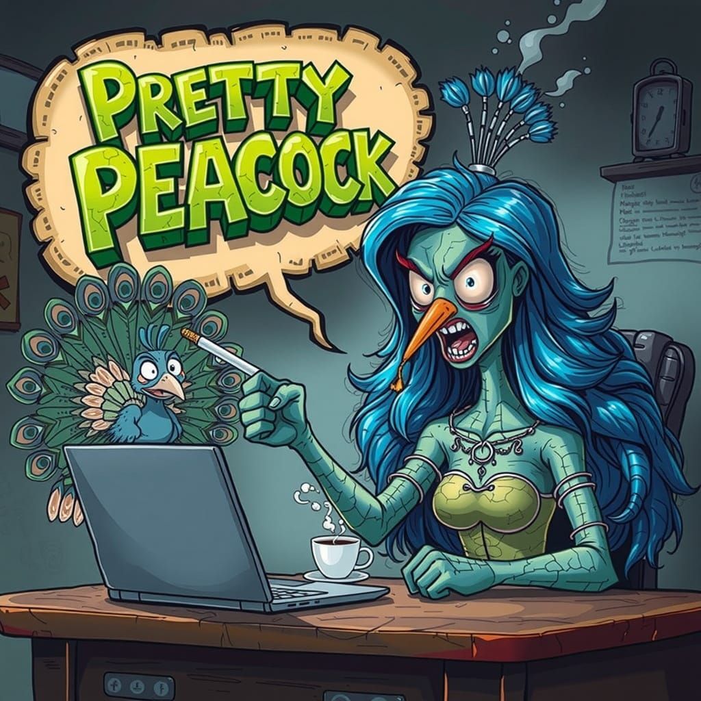 a cartoon speech bubble at the top of the canvas declaring "Pretty  Peacock" in playful 3D BOLD whimsical cartoon font, ...